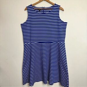 Talbots 2X Blue White Striped Dress FitFlare Sleeveless Knee Length Stretch Y2K